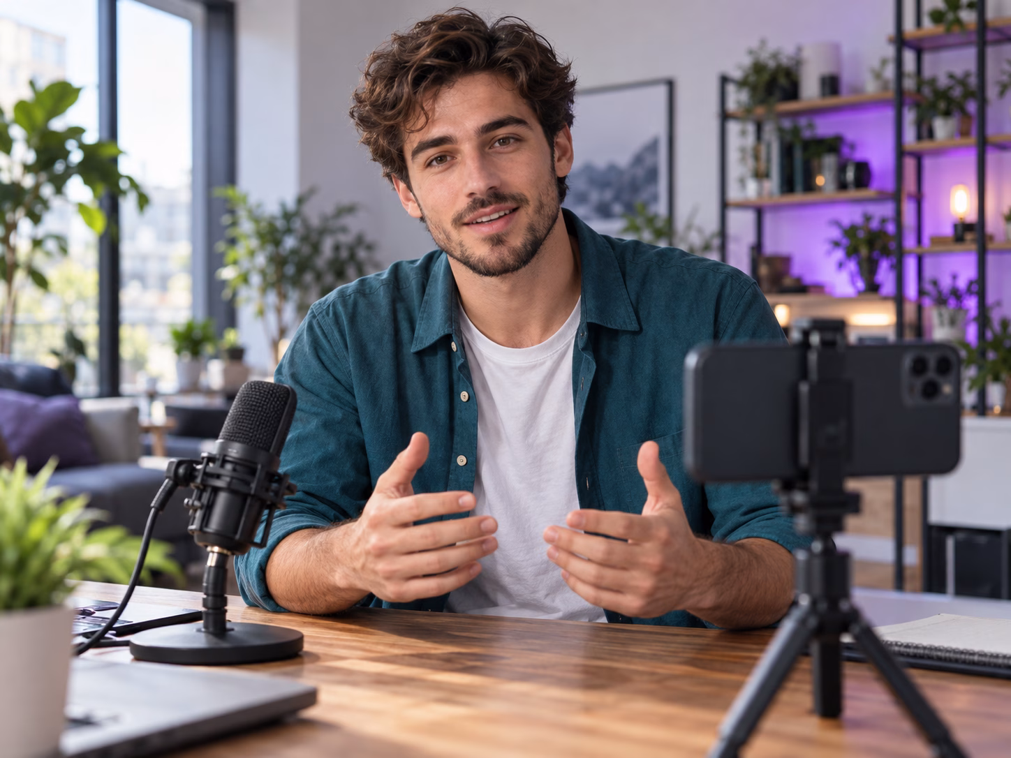 Retrato ilustrativo generado con IA de un creador grabando contenido con su móvil