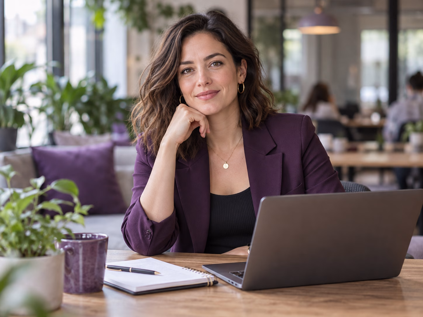 Retrato ilustrativo generado con IA de una profesional de marketing en su espacio de trabajo